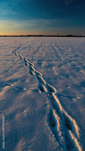 Wallpaper Mural Snow-covered field with animal tracks under a sunset sky. Torontodigital.ca