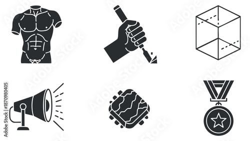 A collection of fitness and sports icons including a muscular torso, weights, a medal, and a megaphone in black and white vector style, ideal for health and fitness branding