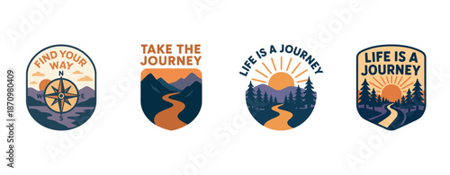 Inspirational travel badges with mountain and compass themes