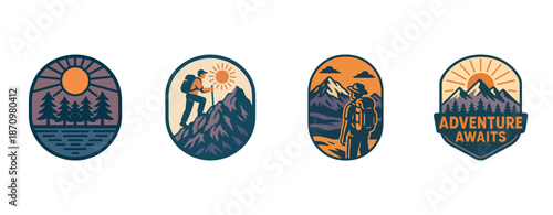 Adventurous hiking badges with mountains and sunset themes