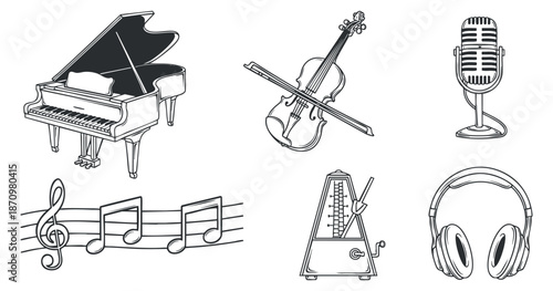 A collection of music-themed icons including a grand piano, violin, microphone, metronome, and headphones in outline vector style, perfect for music-related projects and designs