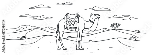 A camel standing in a desert landscape with dunes and clouds in an outline vector style, suitable for travel and adventure themes