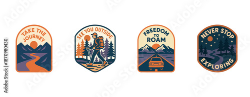 Vintage outdoor adventure badges with hiking, driving, and exploration themes