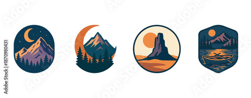 Mountain and nature badges with night and day landscapes