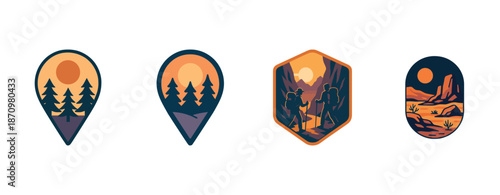 Nature adventure badges: forest, hiking, desert, sunset icons