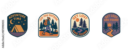 Adventure badge collection: camping, hiking, nature, exploration, outdoors