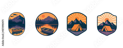 Vintage camping and boating badge designs featuring mountains and sunsets