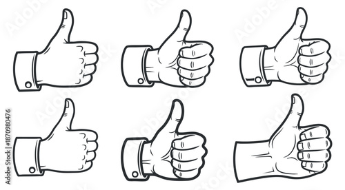 A set of six thumbs up hand gestures in black and white outline vector style, perfect for communication and branding.