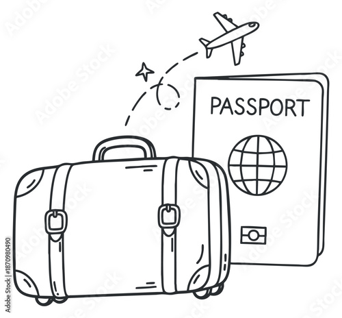 A suitcase, passport, and airplane in minimalist line art vector style, perfect for travel-themed designs and illustrations