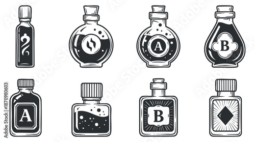 A set of vintage potion bottles in black and white vector style, suitable for fantasy-themed projects and illustrations