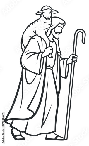 A shepherd holding a staff with a sheep draped over his shoulders in black and white outline vector style, ideal for religious and pastoral themes