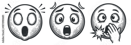 A set of surprised and shocked facial expressions in black and white outline vector style, ideal for emotional design projects
