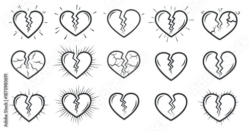 A collection of broken heart symbols in black and white outline vector style, ideal for emotional design projects and illustrations