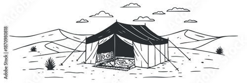 A camping tent set in a desert landscape with minimalistic black and white vector style, perfect for outdoor adventure themes