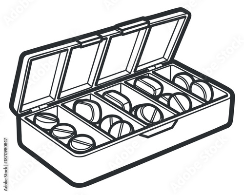 A storage box with multiple compartments in clean outline vector style, perfect for organizing small items or tools