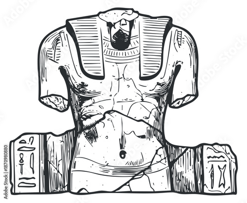 An ancient Egyptian statue depicting a torso with hieroglyphs in detailed black and white vector style, ideal for historical art projects