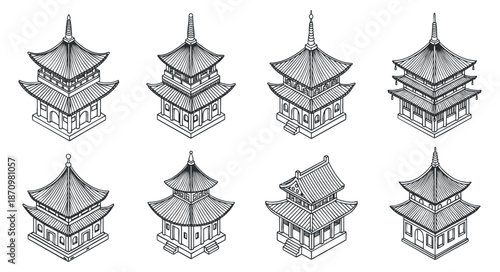 A collection of eight detailed pagoda buildings illustrated in black and white outline vector style, suitable for architectural design projects