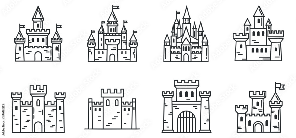 Obraz premium A collection of various castle illustrations in black and white outline vector style, perfect for children's book designs and fantasy themes