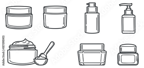 A collection of skincare and cosmetic containers including jars and bottles in black and white outline vector style, perfect for beauty product branding