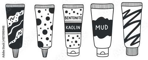 A set of cosmetic cream tubes featuring different patterns in black and white minimalist vector style, ideal for beauty product branding
