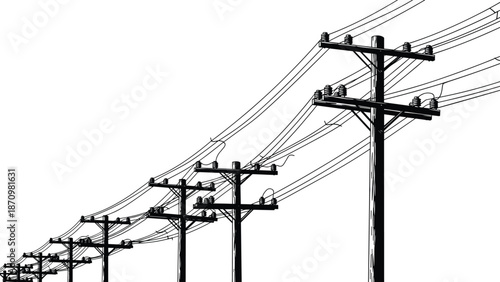 Black silhouette of multiple utility poles with messy electrical power lines, urban overhead cable infrastructure, industrial wire network, telecommunication street grid, vector illustration, energy.