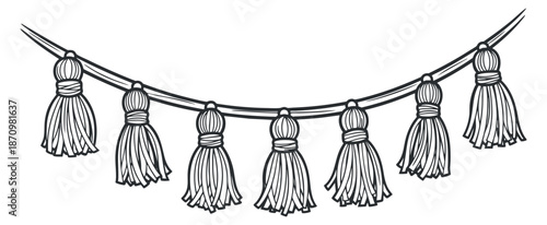 A decorative garland of tassels in black and white outline vector style, ideal for event decorations or home styling