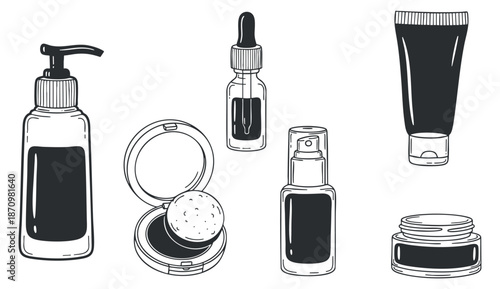 A collection of beauty and skincare products including bottles, jars, and a compact in minimalist outline vector style, suitable for cosmetic branding and packaging designs