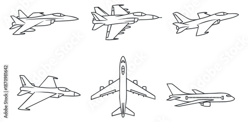A collection of various aircraft illustrations including fighter jets and commercial planes in black and white outline vector style, suitable for aviation-themed projects