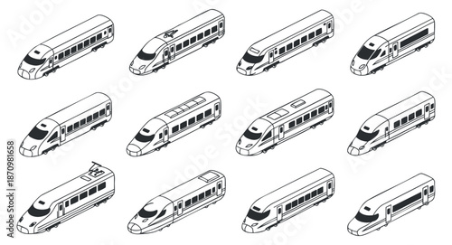 A set of twelve various train designs in black and white outline vector style, suitable for transportation themes and railway projects