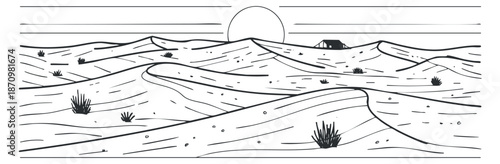 A minimalist line drawing of a desert landscape at sunset with rolling dunes and sparse vegetation in black and white vector style, suitable for nature-themed designs