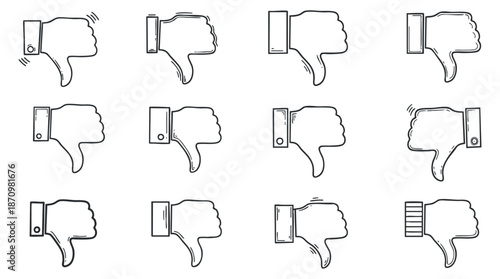 A set of thumbs down hand gestures in black and white outline vector style, suitable for user feedback and social media applications