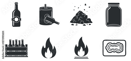 A collection of recycling and waste-related icons including a bottle, can, waste pile, jar, and flames in black and white vector style, suitable for environmental themes and educational projects