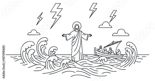 A depiction of Jesus calming a storm with waves and lightning in minimalist outline vector style, ideal for religious themes and illustrations