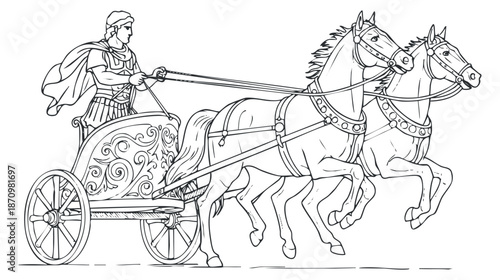 A chariot with a driver and two horses in outline vector style, suitable for historical illustrations and educational materials