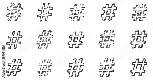 A collection of hashtag symbols in black and white outline vector style, perfect for social media and marketing designs