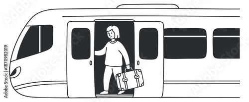 A cheerful passenger stepping off a train with a suitcase in minimalist black and white vector style, ideal for travel-related projects