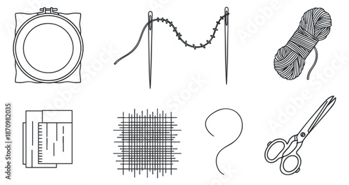 A collection of sewing and crafting tools including scissors, needles, thread, and measuring tape in minimalist outline vector style, perfect for craft and DIY projects