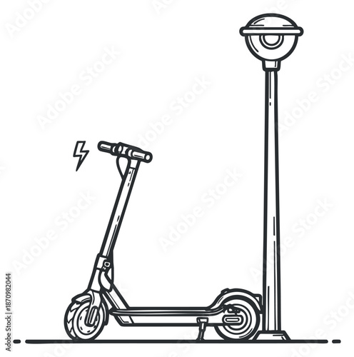 An electric scooter parked next to a street lamp in minimalist black and white outline vector style, suitable for urban lifestyle themes