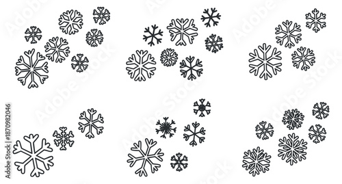 A collection of various snowflakes in black outline vector style, ideal for winter-themed designs and seasonal decorations