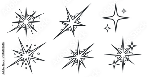 A collection of six star and sparkle icons in black outline vector style, suitable for festive designs and creative projects