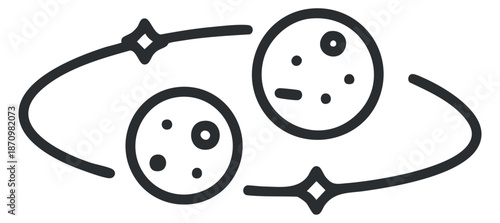 A minimalist outline illustration of planets and stars in a cosmic scene, suitable for educational and scientific projects