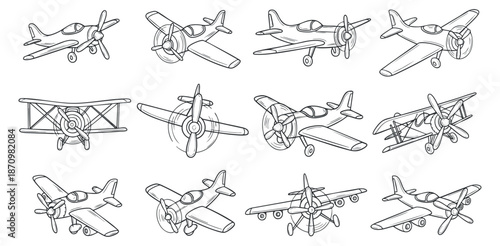 A set of various airplane illustrations in black and white outline vector style, suitable for aviation-themed projects
