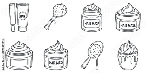 A collection of hair mask and treatment products in black and white outline vector style, perfect for beauty and skincare branding
