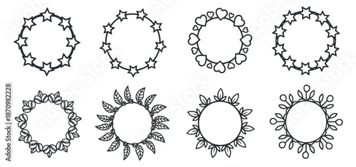 A collection of eight decorative circular frames featuring stars, hearts, and floral designs in minimalist vector outline style, perfect for invitations and greeting cards