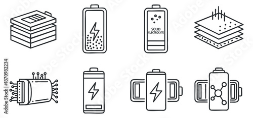 A collection of battery icons showcasing different styles and types in clean outline vector design, ideal for technology and energy-related projects