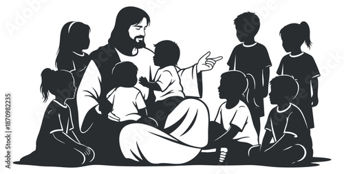 A silhouette of Jesus surrounded by children in a black and white vector style, ideal for religious and educational themes