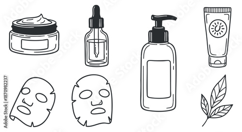 A collection of skincare products including cream, serum, face masks, and lotion in minimalist outline vector style, ideal for beauty branding and wellness projects