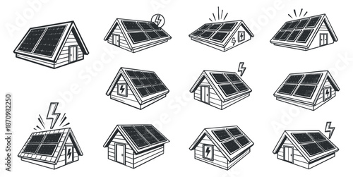 A collection of solar panel icons on houses in minimalist black and white vector style, ideal for renewable energy projects and eco-friendly designs