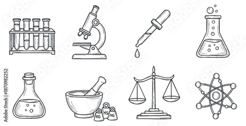 A collection of science laboratory equipment including test tubes, microscope, pipette, and beaker in black and white outline vector style, ideal for educational materials and scientific illustrations