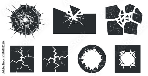 A collection of cracked and broken shapes in black and white minimalist vector style, ideal for graphic design projects
